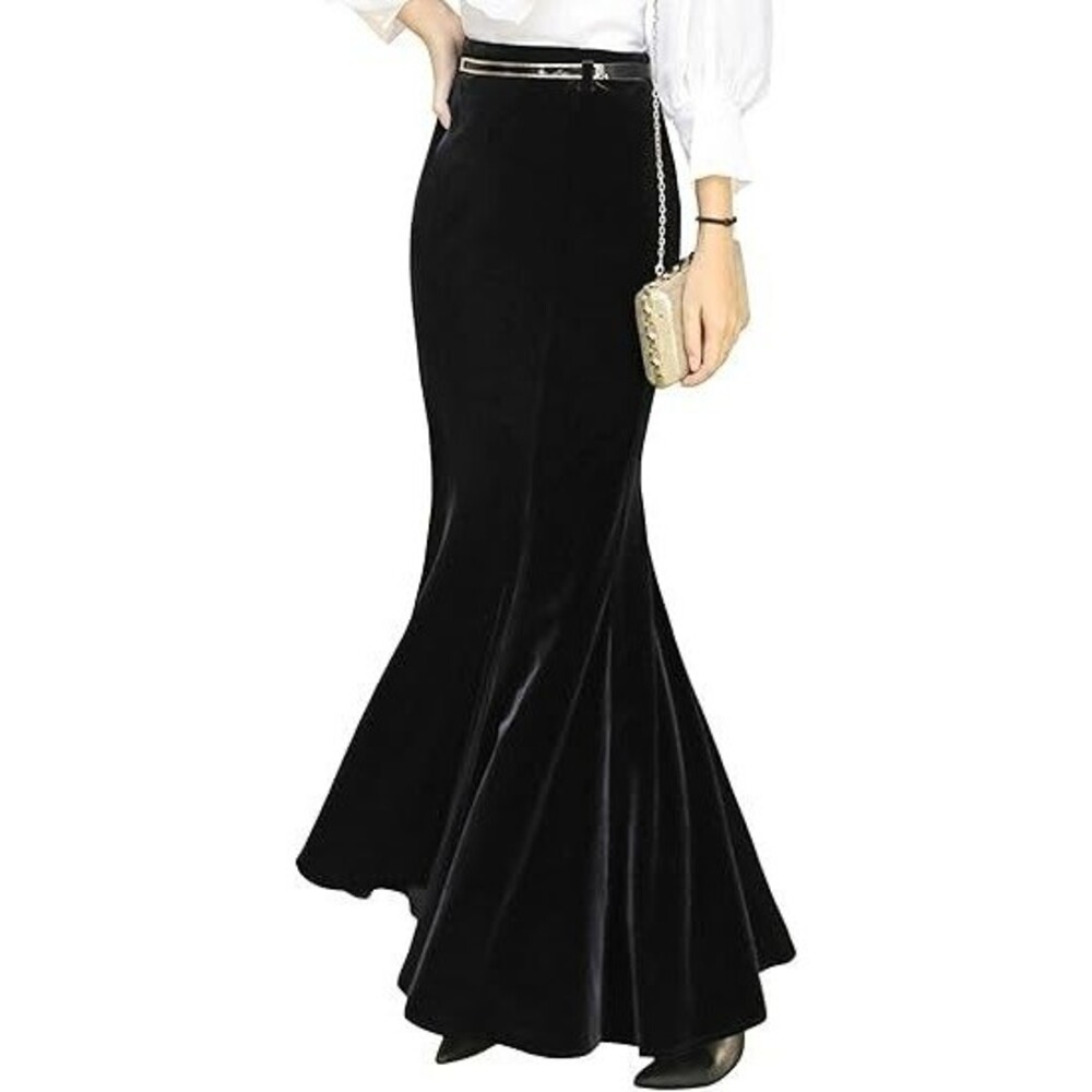 ebossy Women's High Waist Skirt X-Small Bodycon Velvet Mermaid Maxi Party Black